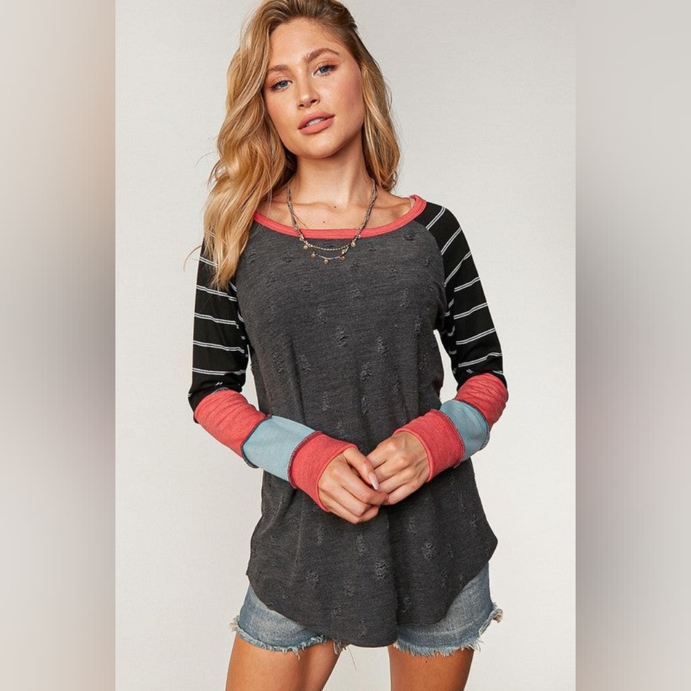 Jasmine Distressed Color Block Top